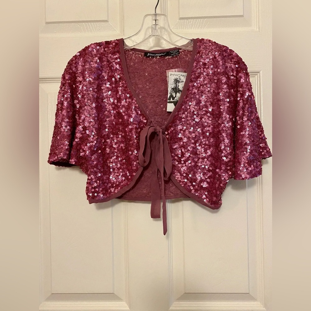 Betsey Johnson Fuchsia Rose Sequin Shrug Top Blouse NWT L Large
